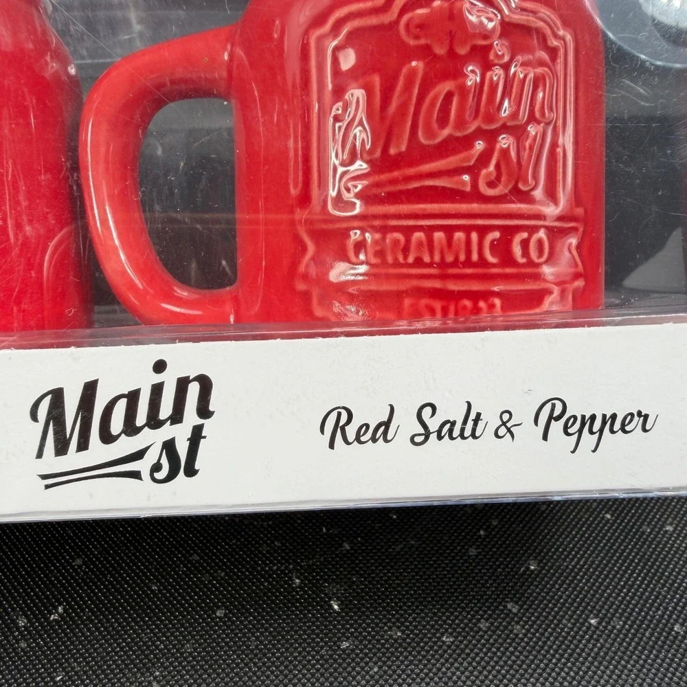 American Atelier Main St Ceramic Co Red Mason Jar Mug Salt and Pepper Shaker Set